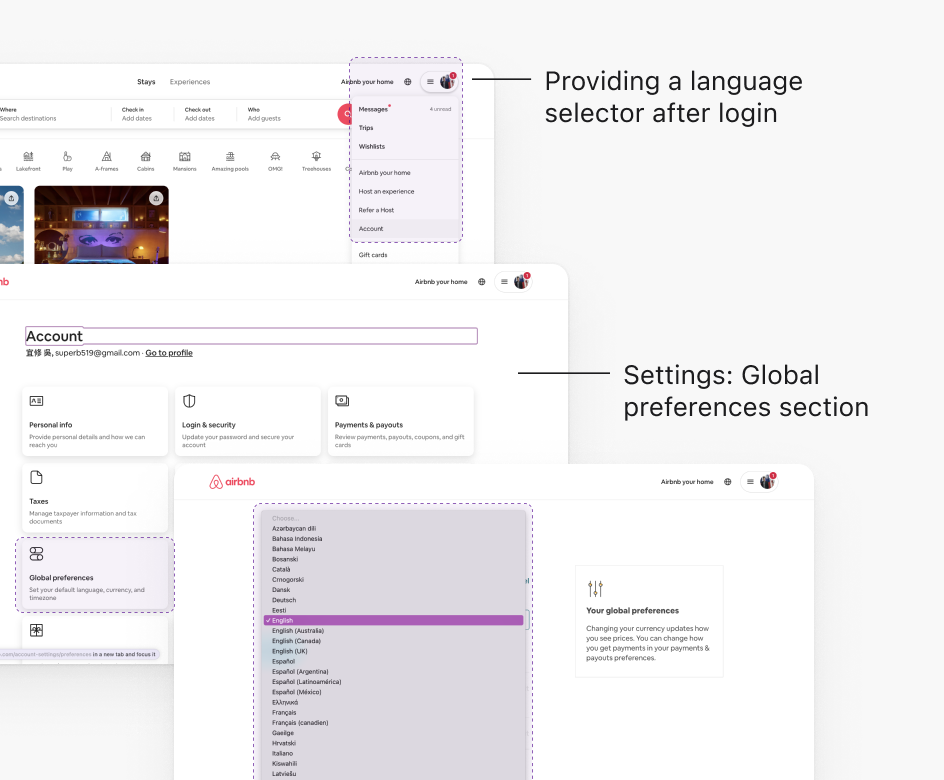 Airbnb language selector post login
